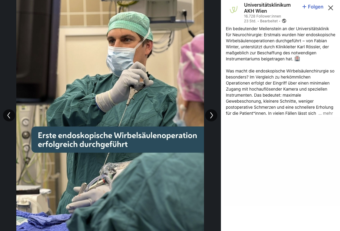 DDr. Fabian Winter bei der ersten endoskopischen Wirbelsäulenoperation am AKH Wien